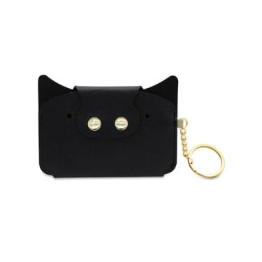 Imagem de Porta-cartões porquinhos para mulheres, carteira fina e pequena para cartões de crédito com chaveiro, fivela de metal, bolsa de bolso para cartões de passagem/chaves/moeda/dinheiro, Preto, Bonito