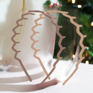 Imagem de 2 faixas de cabelo em ziguezague com dentes de tubarão em forma de reciclado, forma de dente ondulado, elástico, cor doce, acessórios clássicos para pente de cabelo (bege e café)