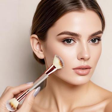 Imagem de Pincel de maquiagem de ponta dupla para contorno, pincel de base angular e pincel de contorno redondo, para aplicação de maquiagem líquida, creme e pó