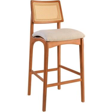 Imagem de Banqueta Alta Amsterdã Madeira Maciça Amendoa Encosto Palha Sextavada Natural Assento Boucle Off White