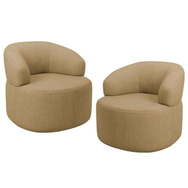 Imagem de Kit 02 Poltronas Giratória Orgânica Para Sala De Estar Living Helena L02 Linho Bege Escuro - Lyam Decor
