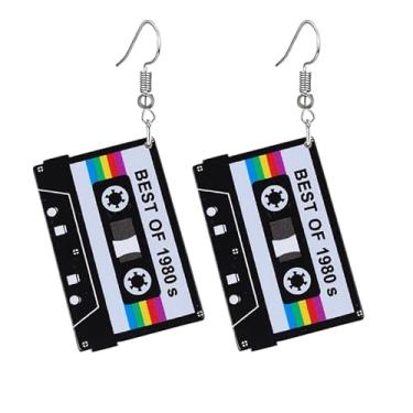 Imagem de coadipress Brincos de fita cassete anos 80 anos 70 anos 80 brincos com pingente de fita retrô para mulheres, brincos de música descolada, brincos de fitas de neon acrílico para os anos 80, acessórios