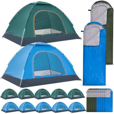 Imagem de Woanger Conjunto de 10 tendas de acampamento a granel para 2 pessoas para sem-teto, incluindo 10 pacotes de barracas leves e 10 sacos de dormir à prova d'água à prova de vento, com bolsa de transporte