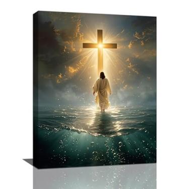 Imagem de Jesus Wall Art Christian Jesus Walking on Water Pictures Wall Decor Christ Cross Pictures Canvas Religious Painting Print Framed Artwork Decorações Presentes para Sala de Estar Quarto Sala de Oração