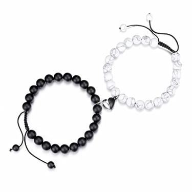 Imagem de Jovivi 2 pçs pulseiras magnéticas para casais 8 mm contas de pedra natural cristais de cura pulseira elástica combinando pingentes de coração ajustáveis para ele e para ela joias amantes melhores amigos presentes da amizade, Pedra metal, Sem pedras preciosas