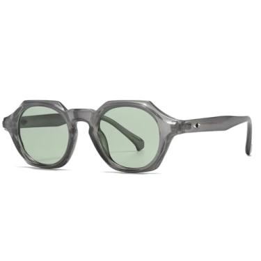 Imagem de Óculos de Sol Redondos Femininos com Armação Pequena e Proteção UV400 para Dirigir - Modelo Poligonal (C6 Cinza/Verde)