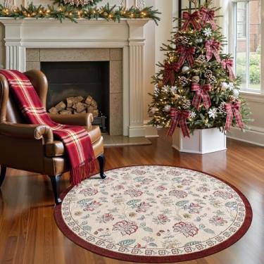Imagem de jinchan Tapete redondo de 1,2 m, boho floral, vintage, envelhecido, lavável, antiderrapante, camada baixa, design fino e macio para cozinha, sala de estar, banheiro, quarto infantil, entrada, quarto