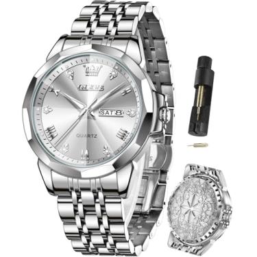 Imagem de OLEVS Relógio masculino prata diamante para negócios, analógico, quartzo, aço inoxidável, à prova d'água, luminoso, data, perfume