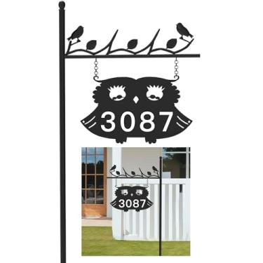 Imagem de Placa de endereço de coruja de metal, placa de endereço residencial, placa de poste de endereço dupla face, números de casas de rua para casa casa rua jardim quintal (poste de 111,8 cm)