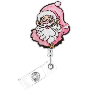 Imagem de Carretel de crachá de Natal, lindo crachá bordado de feltro de Papai Noel para crachá de identificação, suporte de crachá retrátil rosa branco telescópico, acessórios de clipe de jacaré para