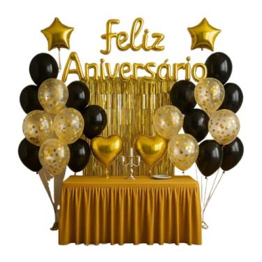 Imagem de Kit 26 Pcs Balão Feliz Aniversario Cortinas Bexigas Festa Decoração Enfeite Happy Birthday (PRETO)