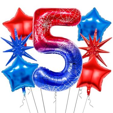 Imagem de 7Pcs 40 inch Spider Theme Number 5 Balloons, Large Red Blue 5 Balloon Number Set with Exploding Star and Star Foil Balloons for Birthdays and Spider Themed Parties