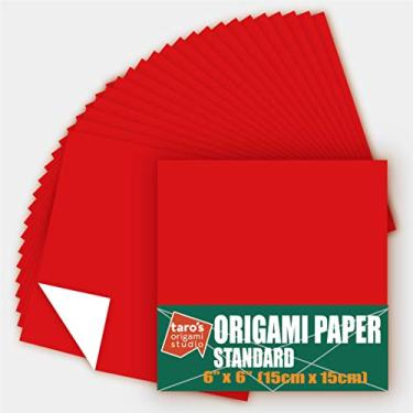 Imagem de [Taro's Origami Studio] Padrão 15 cm Um lado Cores Únicas (Vermelho) 50 Folhas (Toda a Mesma Cor) Quadrado Fácil Dobrar Papel Japonês Premium para Iniciante