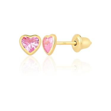 Imagem de Par De Brincos De Coração Pedra 3mm Ouro 18k 750 Infantil Rosa - Gift 