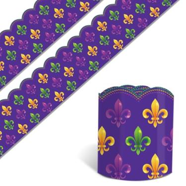 Imagem de Buxiuer Quadro de avisos de 32,8 metros de carnaval, bordas roxas, verdes e douradas recortadas para decoração de parede de carnaval, baile de máscaras, casa, escola, sala de aula, decoração de parede