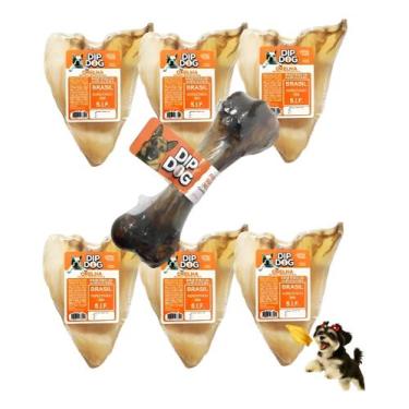 Imagem de Combo Modedor Petisco Natural Orelha Bovina Desidratadas E 1 Osso Fêmu