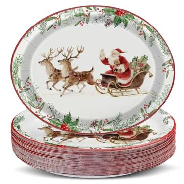 Imagem de Pajean 50 peças de pratos de papel de Natal a granel Papai Noel a caminho pratos ovais resistentes 23 cm x 28 cm descartáveis grandes utensílios de mesa de sobremesa de Natal para festas de fim de ano