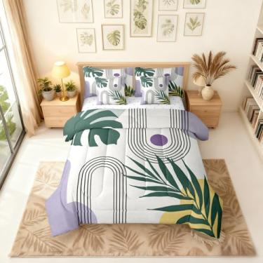 Imagem de Erosebridal Conjunto de edredom boêmio roxo King com lençóis, moderno, minimalista, geométrico, 7 peças, boêmio de meados do século em uma bolsa, conjunto de cama de folha de palmeira tropical