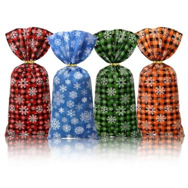 Imagem de 50 unidades de sacos de celofane xadrez de Natal, xadrez de búfalo com floco de neve, saco de plástico para guloseimas, sacolas de presente de festa com laços torcidos para festa de Natal, lanches e