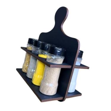Imagem de Porta Tempero Condimentos Inclinado Mini Tábua MDF Reforçado c/ 8 Potes 130ml Tampas Dosadoras