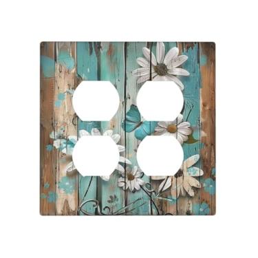 Imagem de SgEdao Capas de tomada decorativas retrô turquesa marrom flor de madeira borboleta 2 gangues placa de parede duplo receptáculo duplo dois interruptores de luz placa de cobertura jumbo dupla placa
