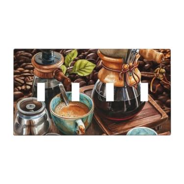 Imagem de LuHuoLu Placa decorativa para interruptor de luz, retrô, cafeteira, copo de grãos, 4 grupos, placa de parede, grande, quadriciclo, interruptor, placa frontal jumbo para decoração de casa Kirchen