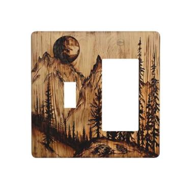 Imagem de DWBGUO Capas decorativas de tomada com placa de madeira marrom esculpida com floresta de montanha 2 Gang 1 Gang Placa de parede de interruptor de interruptor de luz de interruptor para decoração de
