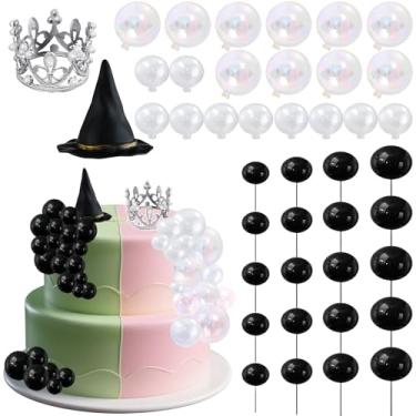 Imagem de Kit de decoração de bolo malvado com 42 peças - Topo de bolo malvado com balões pretos, coroa de prata, chapéu malvado e bolas de glitter para aniversário, suprimentos de festa de fantasia (bola