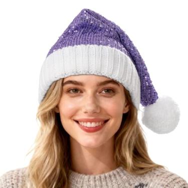 Imagem de OCTEEN Chapéu de Papai Noel de lantejoulas tricotado chapéu de Natal com glitter, chapéu de Natal brilhante, gorro de Natal para mulheres adultas e homens, Roxo, Tamanho Único