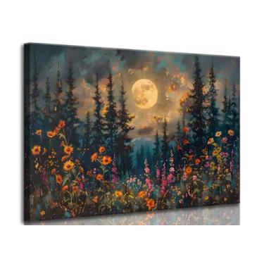Imagem de Arte de parede em tela de floresta de lua cheia, pinheiros, montanhas e flores silvestres, floresta, natureza, paisagem, decoração de parede, pôster impresso, arte para quarto, sala de estar