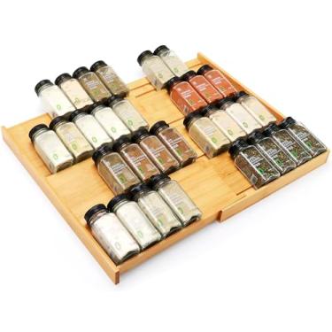 Imagem de Thalomely Organizador de gaveta de especiarias de bambu, (precisa de gaveta de 7,8 cm de profundidade), suporte expansível de 4 camadas para armário (de 30,5 cm a 58,4 cm de largura), inserção de