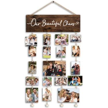 Imagem de STHTTSW Porta-retrato de família, nossa linda moldura de colagem de caos, decoração de parede vintage para pendurar em madeira, com 30 clipes, várias molduras para arte de parede familiar e decoração