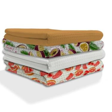 Imagem de IXORA DECOR Conjunto de 4 toalhas de cozinha 100% algodão | 2 panos de prato de trama waffle tingidos sólidos e impressão digital cítrica toalha de cozinha e toalha de mesa | Guardanapos super