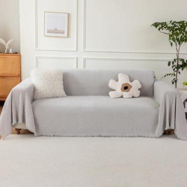 Imagem de Capa de sofá para animais de estimação, antiderrapante, para 2 almofadas, lavável, chenille, com borla, protetor de móveis, compatível com animais de estimação, cinza claro, 230 x 395 cm