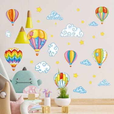 Imagem de Adesivos de parede, balões de ar quente coloridos, nuvens, estrelas, decalques