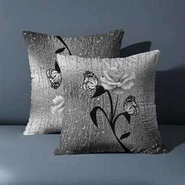 Imagem de 2 peças de capa de almofada decorativa elegante de linho com design de borboleta e rosa, padrão de gota de chuva preto e branco, formato quadrado
