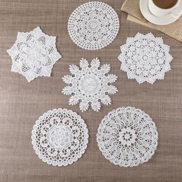 Imagem de 6 peças de toalhas de renda para mesas de 15 cm branco vintage de crochê, jogo americano retrô de renda, porta-copos vintage de algodão, feitos à mão, jogos americanos redondos para mesas, cozinha