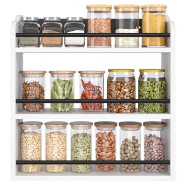 Imagem de BCOZLUX Porta-temperos de madeira de 3 níveis, prateleira de temperos, organizador de especiarias para bancada ou parede, suporte vertical de especiarias para balcão de cozinha, armário, despensa