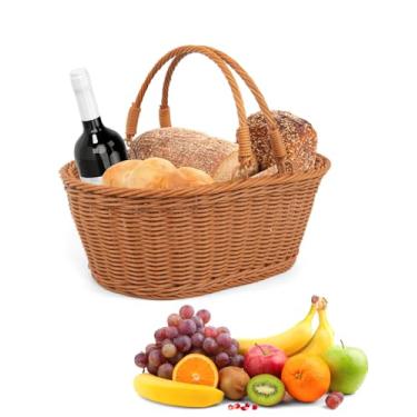Imagem de Cesta de vime de tecido, cesta de vime com alça grande cesta de piquenique para jardim, frutas, doces, vinho, coleta de ovos, casamento, legumes (35 x 27 x 15 cm)