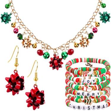Imagem de Tondiamo Pacote com 9 joias de Natal para mulheres e adolescentes Heishi Surfer Pulseiras Colar Brincos Jingle Bells Presentes empilháveis, One size fits all, Liga e argila, Sem Pedra Preciosa