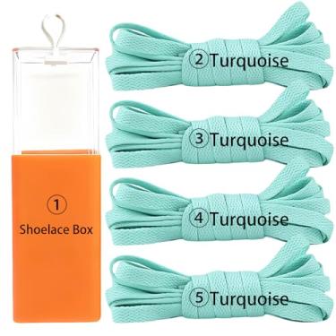 Imagem de sovida 4 pares de cadarços planos - 36 cores para cadarço de sapatos, tênis de corrida atlético, sapatos casuais, cordas para botas, 26-turquesa*4 + caixa de cadarço, 140cm【55in】