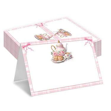 Imagem de Cartões de lugar de festa de chá, cartões de assento para mesa de mesa, pacote com 25 cartões de recepção em meia dobra, suprimentos de lembrancinhas de chá de jardim, cartão de nome rosa para festas
