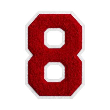 Imagem de Patch de chenille vermelho número 8 de 15 cm com borda branca para passar a ferro ou costurar para jaquetas Letterman uniformes de equipe, mochilas duráveis e resistentes ao desbotamento (8)