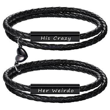 Imagem de Pulseiras de casal para mulheres presentes para homens presentes de aniversário de casamento para namorado namorada pulseira combinando 2 peças presente de couro de promessa gravada joia de Natal, Metal, Sem pedras preciosas