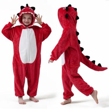 Imagem de DILUFUN Fantasia infantil de dinossauro para meninos e meninas, pijama de uma peça, macacão de animal engraçado de Halloween, fantasia cosplay para dormir, dinossauro RE 5-6 anos