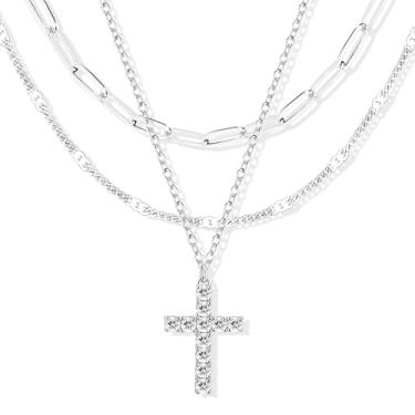 Imagem de Poxtex Colares femininos de ouro em camadas, empilháveis, delicados, banhados a ouro 14 K, corrente com pingente de clipe de papel, colar gargantilha com pingente de corrente de ouro, diamante