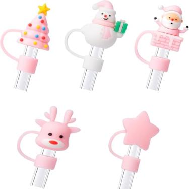 Imagem de Cinco adoráveis topos de palha decorativos de Natal rosa, reutilizáveis, para copos Stanley, serve em copos de 850 g e 1134 g, à prova de poeira e à prova de vazamento.