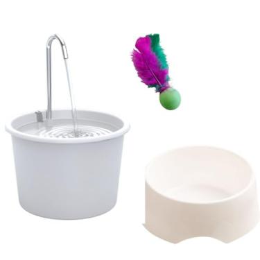 Imagem de Fonte Bebedouro para Gatos e Cães + Comedouro 600ml + Pong(Kit branco tampa branca)