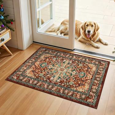 Imagem de U'Artlines Tapete de corredor boho de 6 cm x 7,8 cm, antiderrapante, lavável, vintage, para decoração de casa de fazenda, para cozinha, entrada, lavanderia e sala de estar (ferrugem e azul-petróleo)