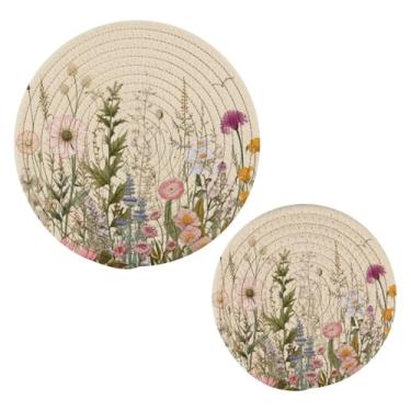 Imagem de Blueangle 2 peças de suporte de panela de trivet de flores silvestres - conjunto de pegadores de panela de tecido redondo - almofadas quentes trançadas de algodão - porta-copos - tapetes de mesa para